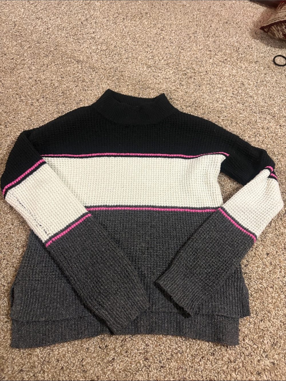 SO Striped Mock Neck Sweater in Black, Cream, Gray & Pink Trim